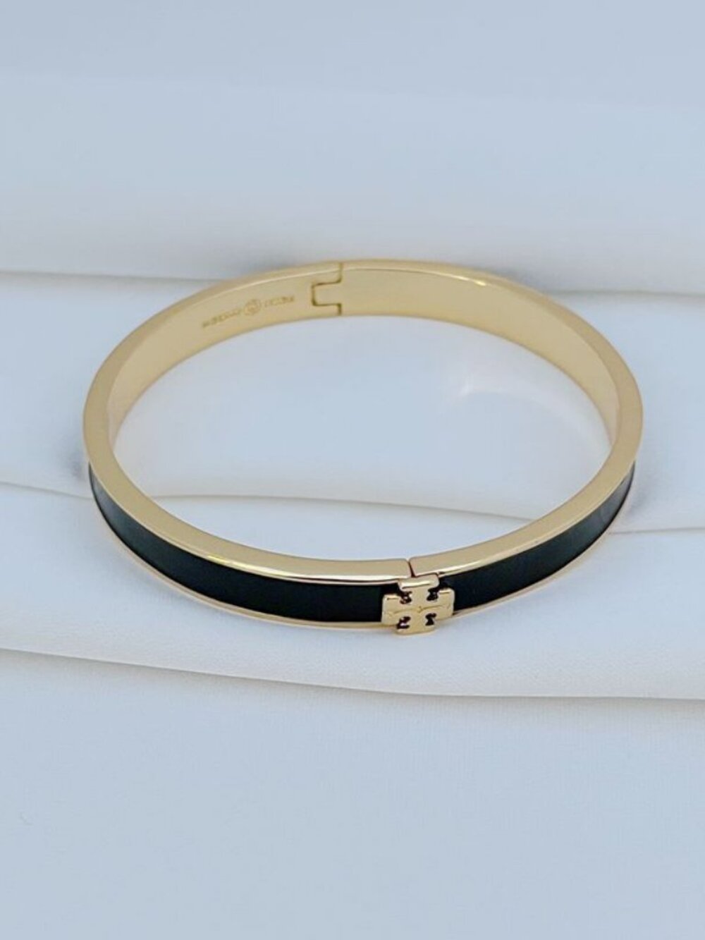 Tory Burch Gold Black Enamel Hinged Bangle
